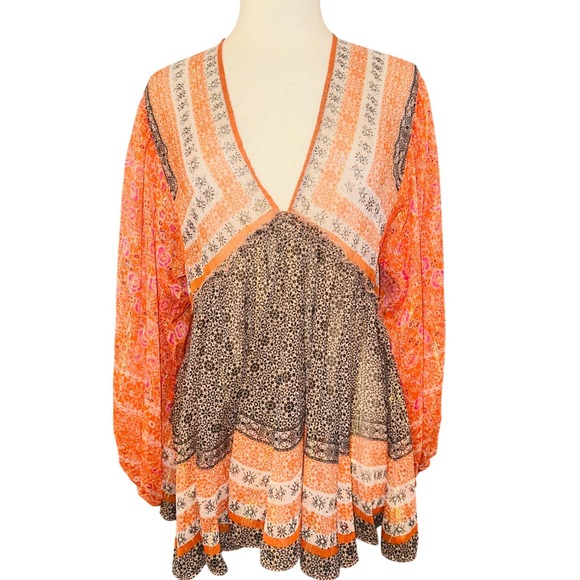 P2 Free People Aliyah Peasant Tunic Top Orange Mixed Print Metallic Boho Medium - Picture 2 of 7